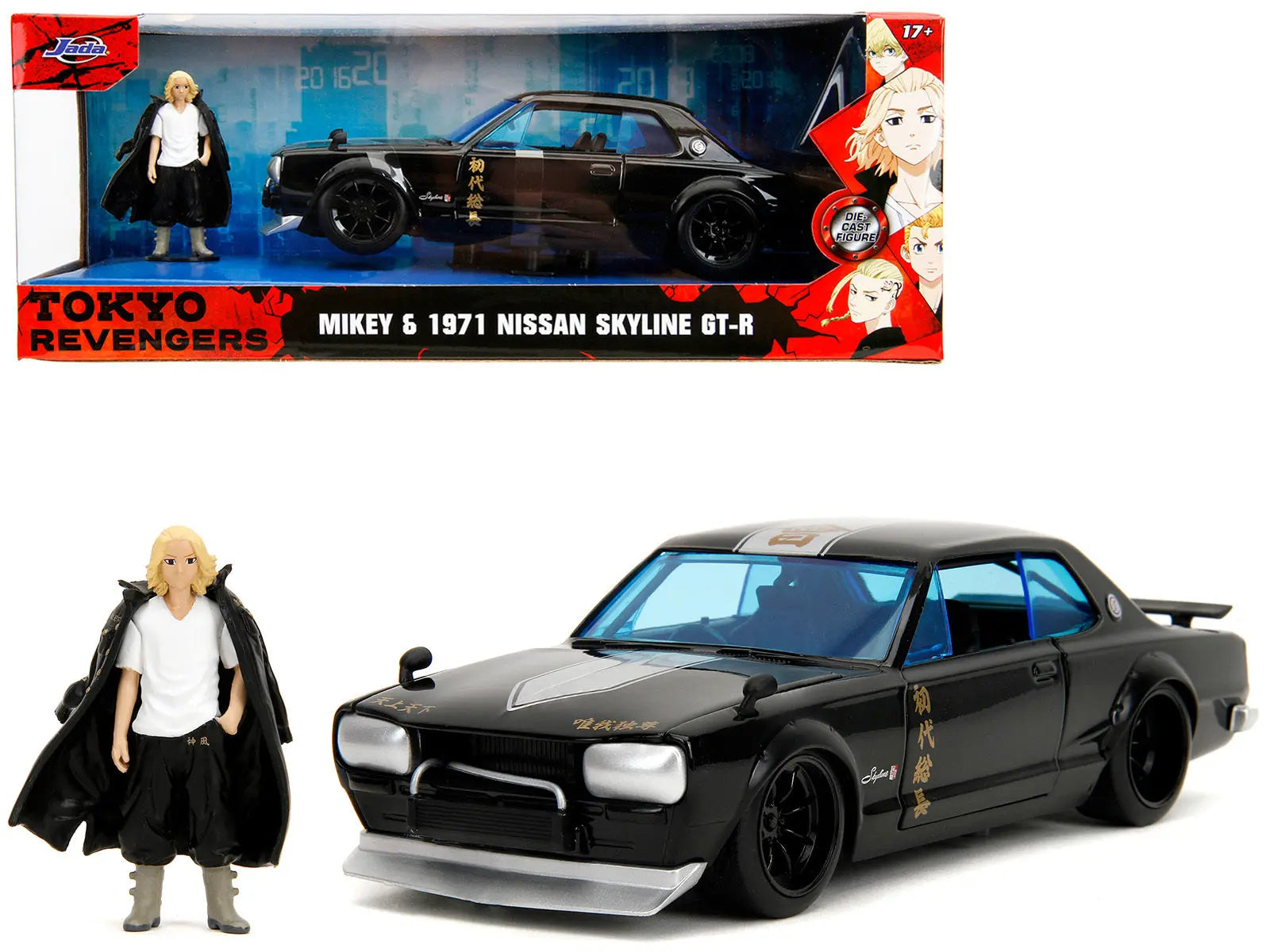 1971 Nissan Skyline GT-R RHD (Right Hand Drive) Black with Silver Stripe and Mikey Diecast Figure "Tokyo Revengers" (2021) TV Series "Anime Hollywood Rides" Series 1/24 Diecast Model Car by Jada Jada