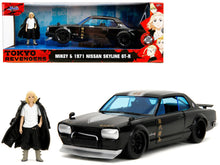 Load image into Gallery viewer, 1971 Nissan Skyline GT-R RHD (Right Hand Drive) Black with Silver Stripe and Mikey Diecast Figure &quot;Tokyo Revengers&quot; (2021) TV Series &quot;Anime Hollywood Rides&quot; Series 1/24 Diecast Model Car by Jada Jada
