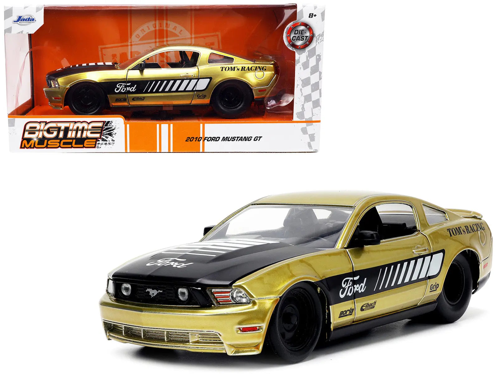 2010 Ford Mustang GT Gold Metallic with Black Graphics and Hood "Tom's Racing" "Bigtime Muscle" Series 1/24 Diecast Model Car by Jada Jada