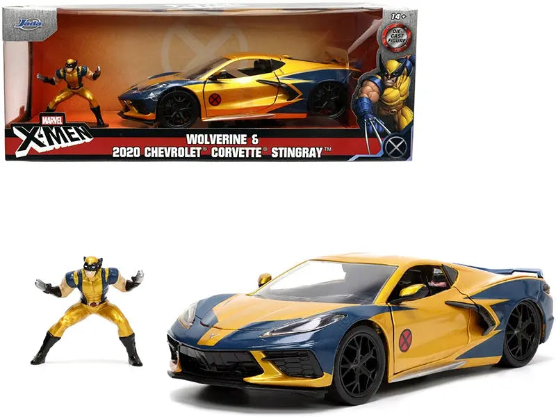 2020 Chevrolet Corvette C8 Stingray Gold Metallic and Dark Blue and Wolverine Diecast Figurine "X-Men" "Marvel" Series "Hollywood Rides" 1/24 Diecast Model Car by Jada Jada