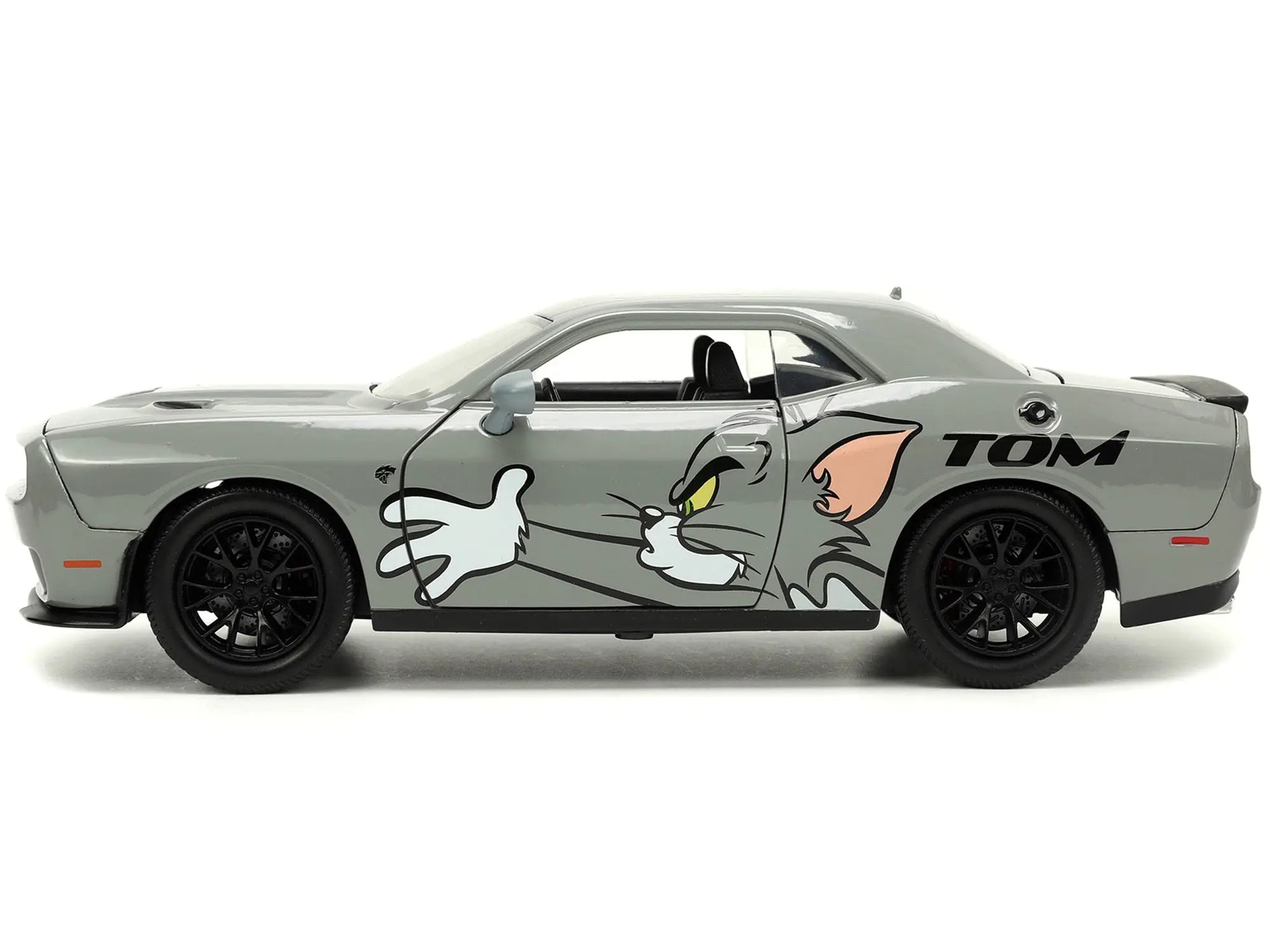 2015 Dodge Challenger Hellcat Gray with "Tom" Graphics and Jerry Diecast Figure "Tom and Jerry" "Hollywood Rides" Series 1/24 Diecast Model Car by Jada Jada