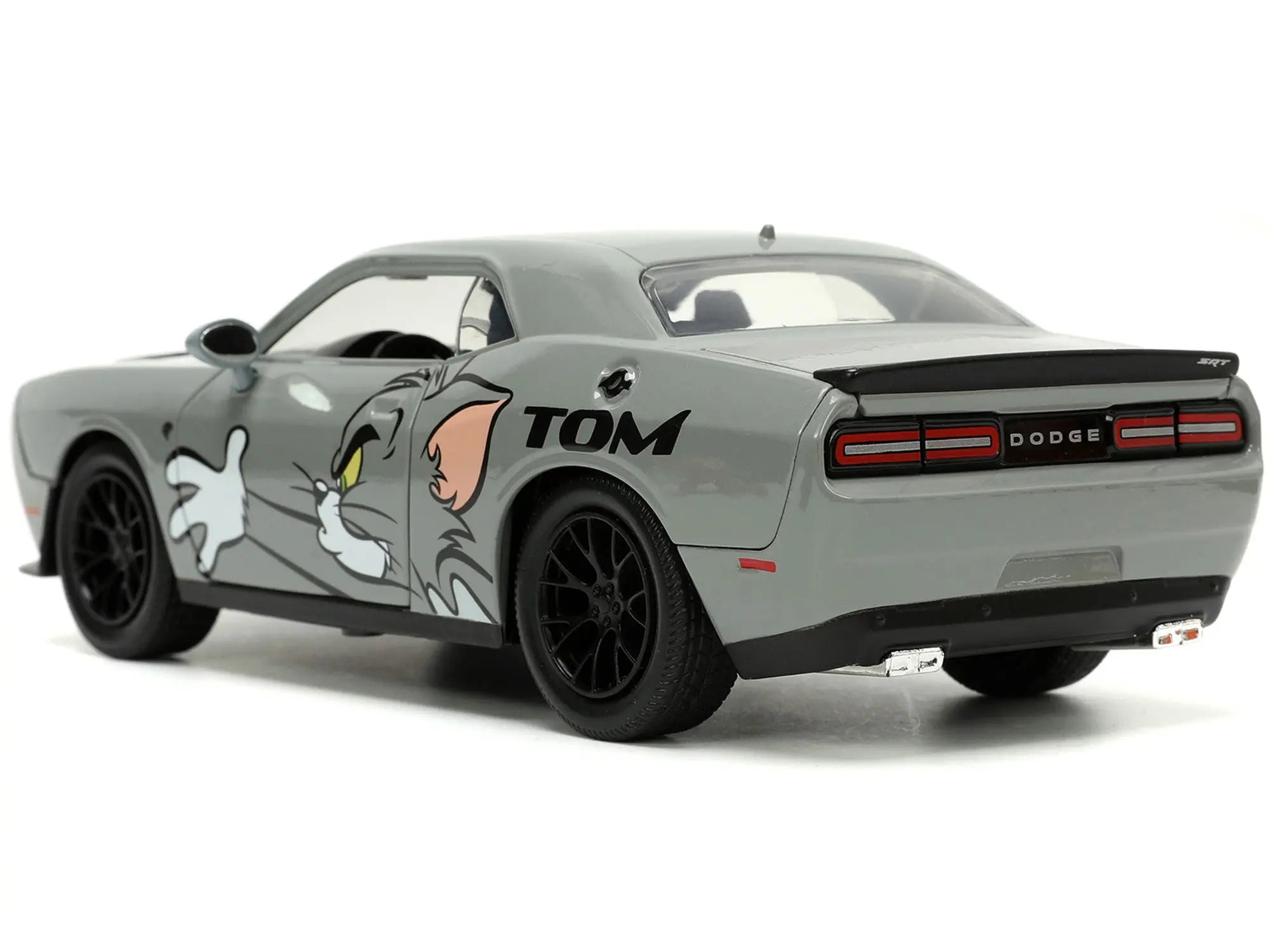 2015 Dodge Challenger Hellcat Gray with "Tom" Graphics and Jerry Diecast Figure "Tom and Jerry" "Hollywood Rides" Series 1/24 Diecast Model Car by Jada Jada