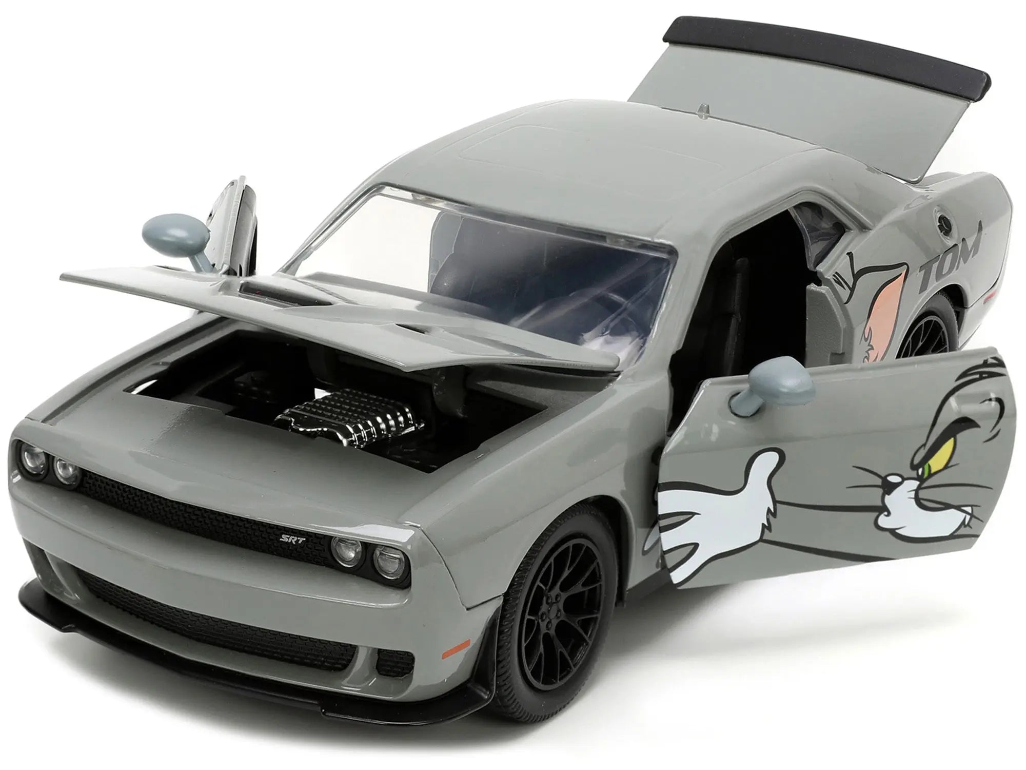 2015 Dodge Challenger Hellcat Gray with "Tom" Graphics and Jerry Diecast Figure "Tom and Jerry" "Hollywood Rides" Series 1/24 Diecast Model Car by Jada Jada