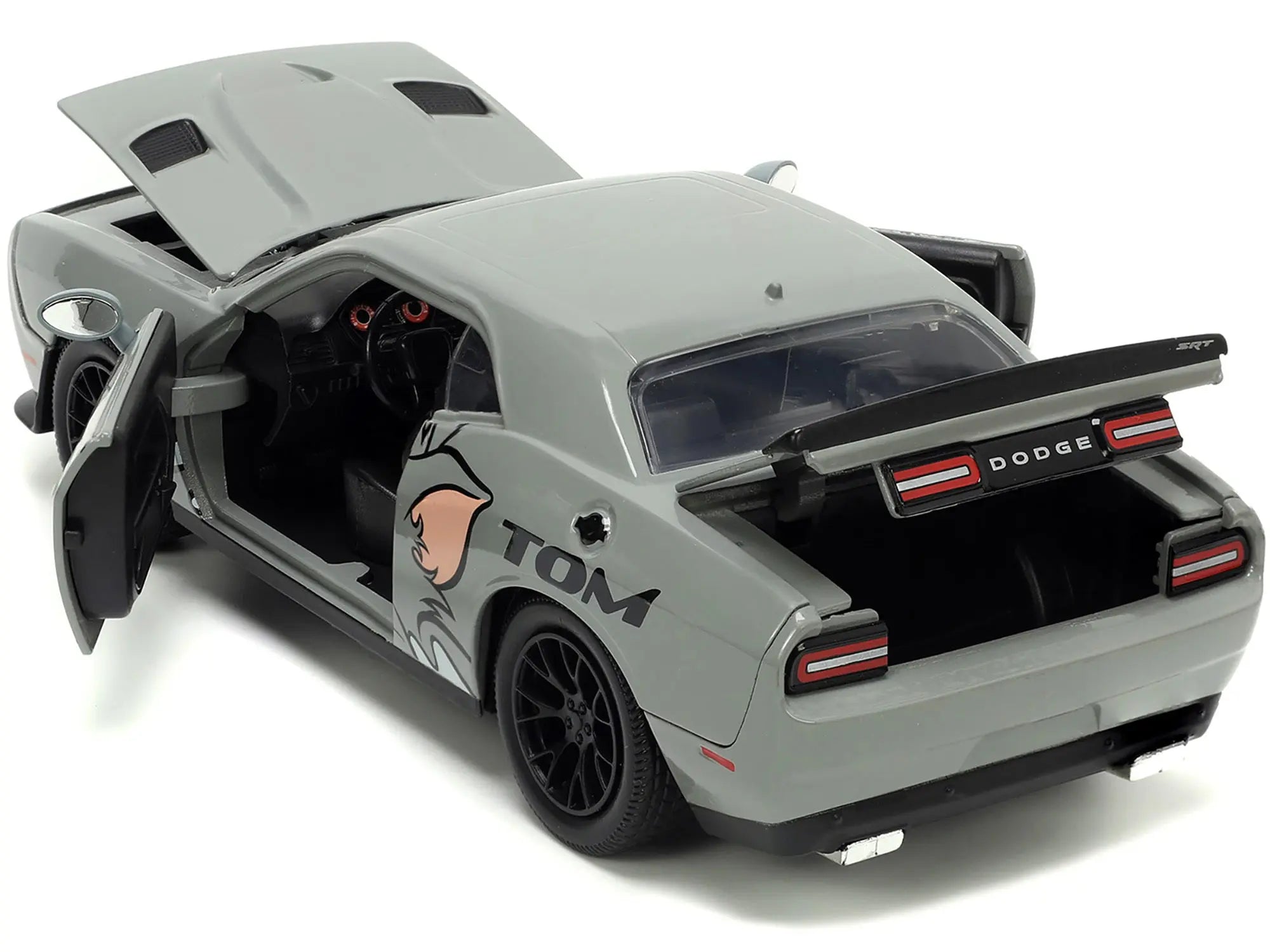 2015 Dodge Challenger Hellcat Gray with "Tom" Graphics and Jerry Diecast Figure "Tom and Jerry" "Hollywood Rides" Series 1/24 Diecast Model Car by Jada Jada