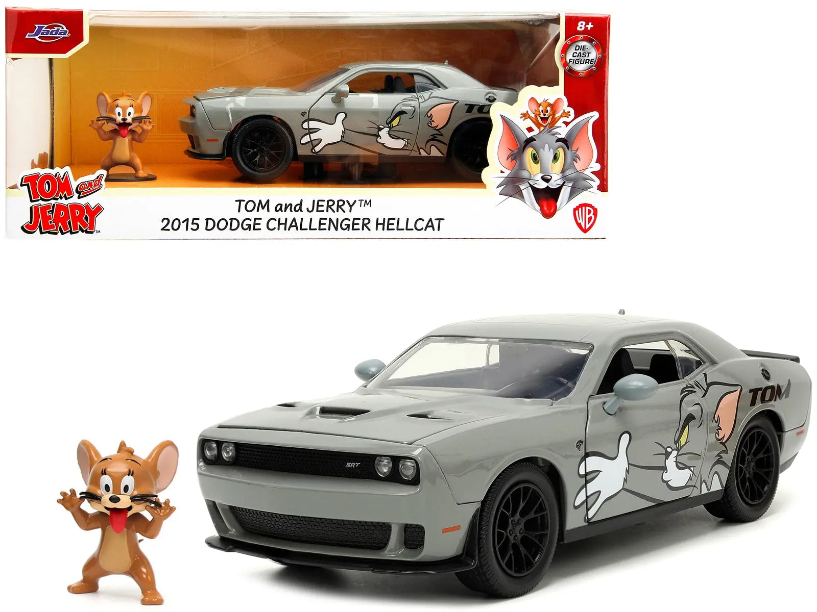 2015 Dodge Challenger Hellcat Gray with "Tom" Graphics and Jerry Diecast Figure "Tom and Jerry" "Hollywood Rides" Series 1/24 Diecast Model Car by Jada Jada