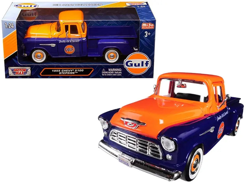 1955 Chevrolet 5100 Stepside Pickup Truck "Gulf" Dark Blue and Orange 1/24 Diecast Model Car by Motormax Motormax