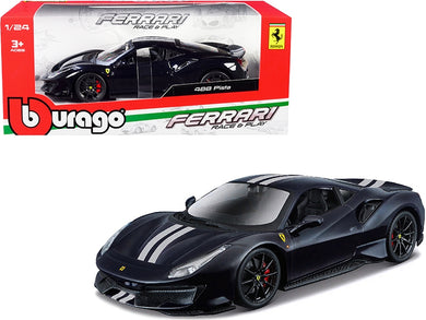 Ferrari 488 Pista Dark Blue Metallic with Silver Stripes 1/24 Diecast Model Car by Bburago Bburago