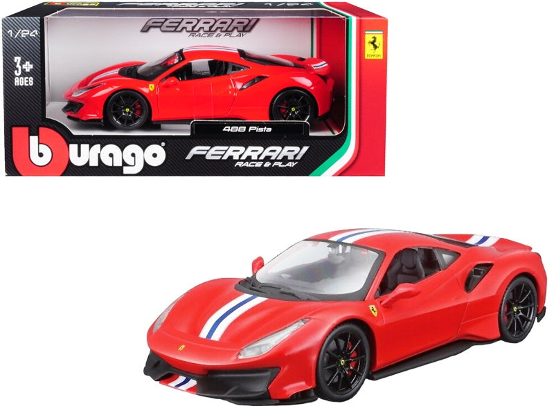 Ferrari 488 Pista Red with White and Blue Stripes 1/24 Diecast Model Car by Bburago Bburago