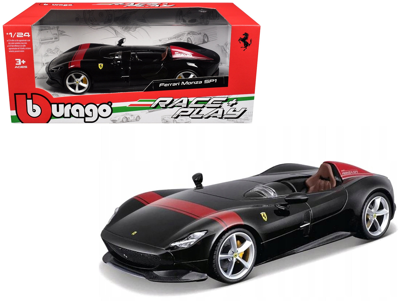 Ferrari Monza SP1 Black Metallic with Red Stripes "Race & Play" Series 1/24 Diecast Model Car by Bburago Bburago