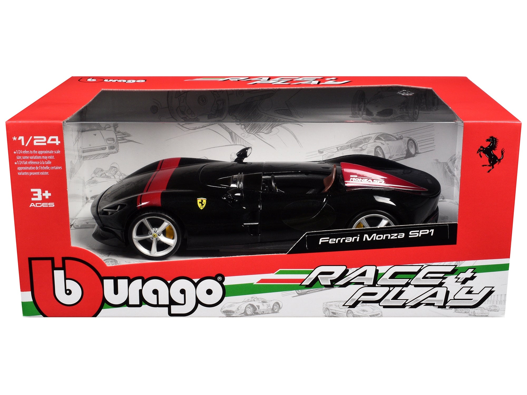 Ferrari Monza SP1 Black Metallic with Red Stripes "Race & Play" Series 1/24 Diecast Model Car by Bburago Bburago