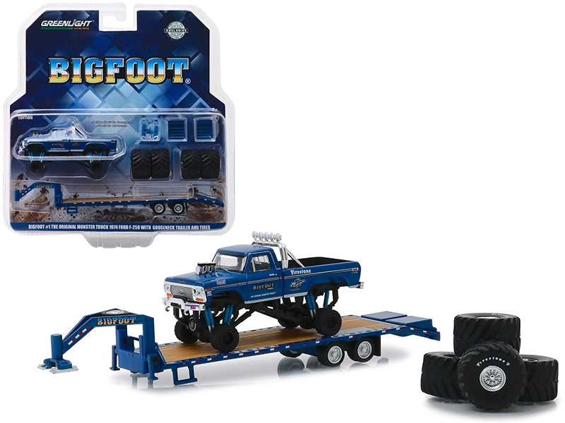 1974 Ford F-250 Monster Truck "Bigfoot #1 The Original Monster Truck (1979)" with Gooseneck Trailer and Regular and Replacement 66" Tires "Hobby Exclusive" 1/64 Diecast Model Car by Greenlight Greenlight