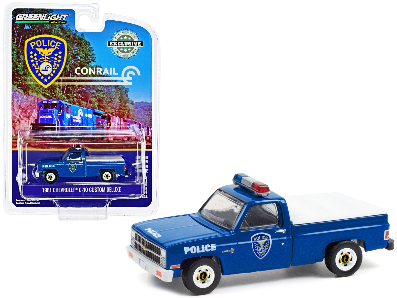 1981 Chevrolet C-10 Custom Deluxe Pickup Truck Blue with White Truck Bed Cover "Conrail (Consolidated Rail Corporation) Police" "Hobby Exclusive" 1/64 Diecast Model Car by Greenlight Greenlight