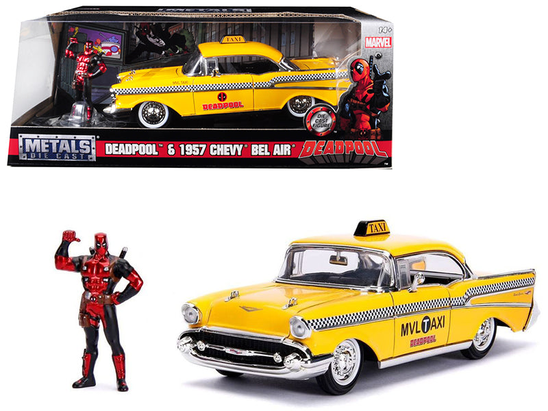 1957 Chevrolet Bel Air Taxi Yellow with Deadpool Diecast Figurine "Marvel" Series 1/24 Diecast Model Car by Jada Jada