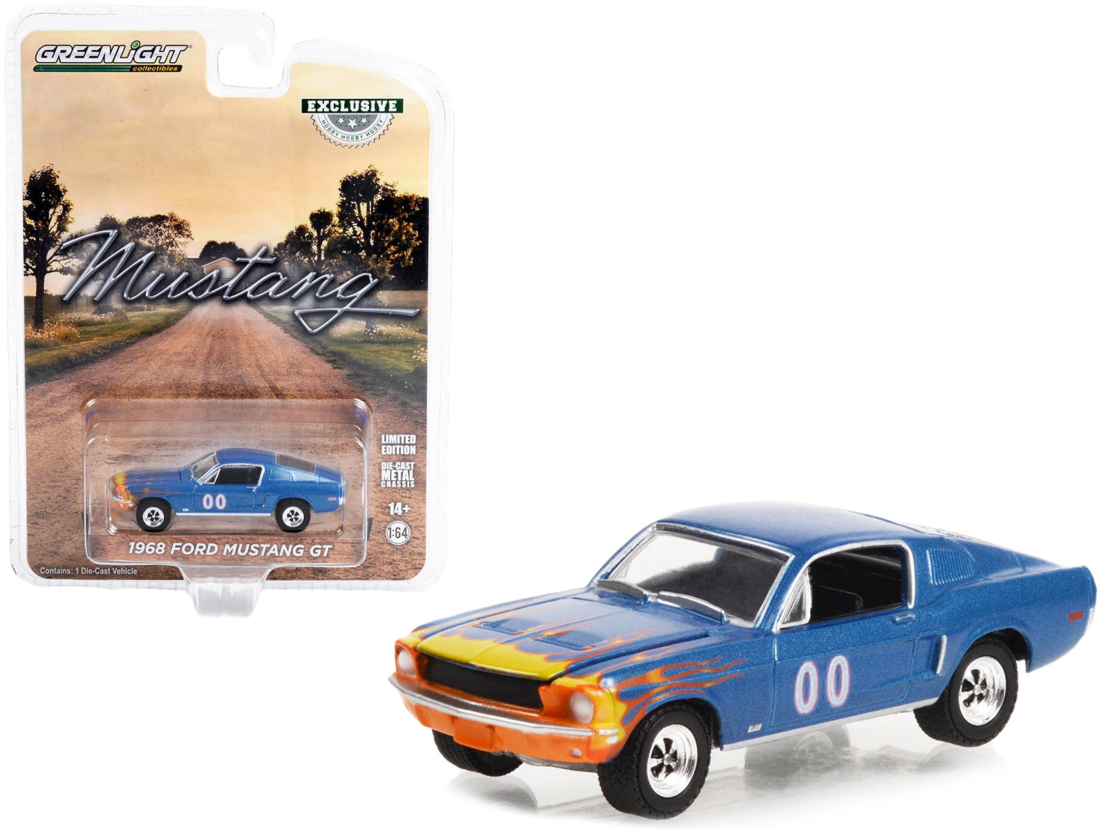 1968 Ford Mustang GT Fastback #00 Blue Metallic with Flames Graphics "Hobby Exclusive" Series 1/64 Diecast Model Car by Greenlight Greenlight