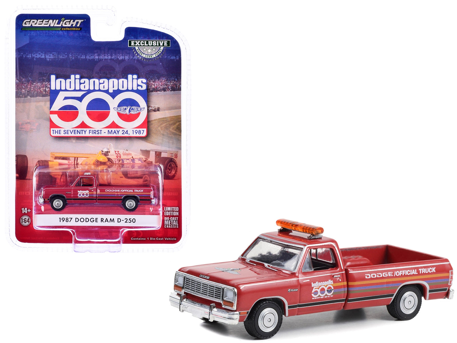 1987 Dodge Ram D-250 Pickup Truck "71st Annual Indianapolis 500 Mile Race Dodge Official Truck" Red with Stripes "Hobby Exclusive" Series 1/64 Diecast Model Car by Greenlight Greenlight