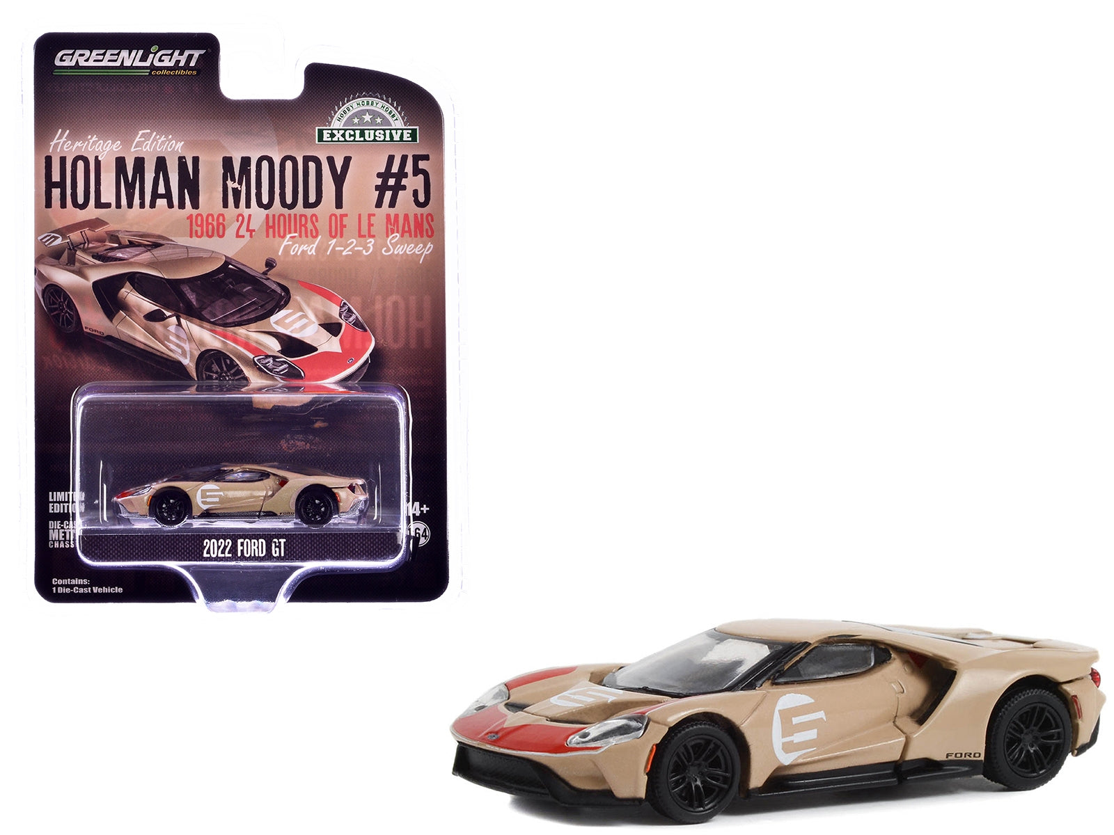 2022 Ford GT Heritage Edition #5 Holman-Moody "1966 24 Hours of Le Mans Ford 1-2-3 Sweep Tribute" Gold Metallic with Red Accents "Hobby Exclusive" Series 1/64 Diecast Model Car by Greenlight Greenlight