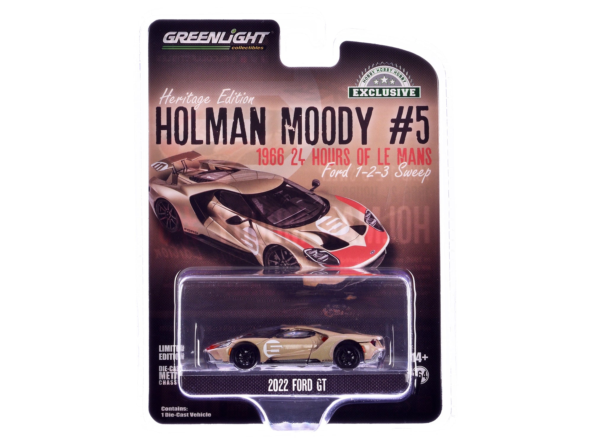 2022 Ford GT Heritage Edition #5 Holman-Moody "1966 24 Hours of Le Mans Ford 1-2-3 Sweep Tribute" Gold Metallic with Red Accents "Hobby Exclusive" Series 1/64 Diecast Model Car by Greenlight Greenlight