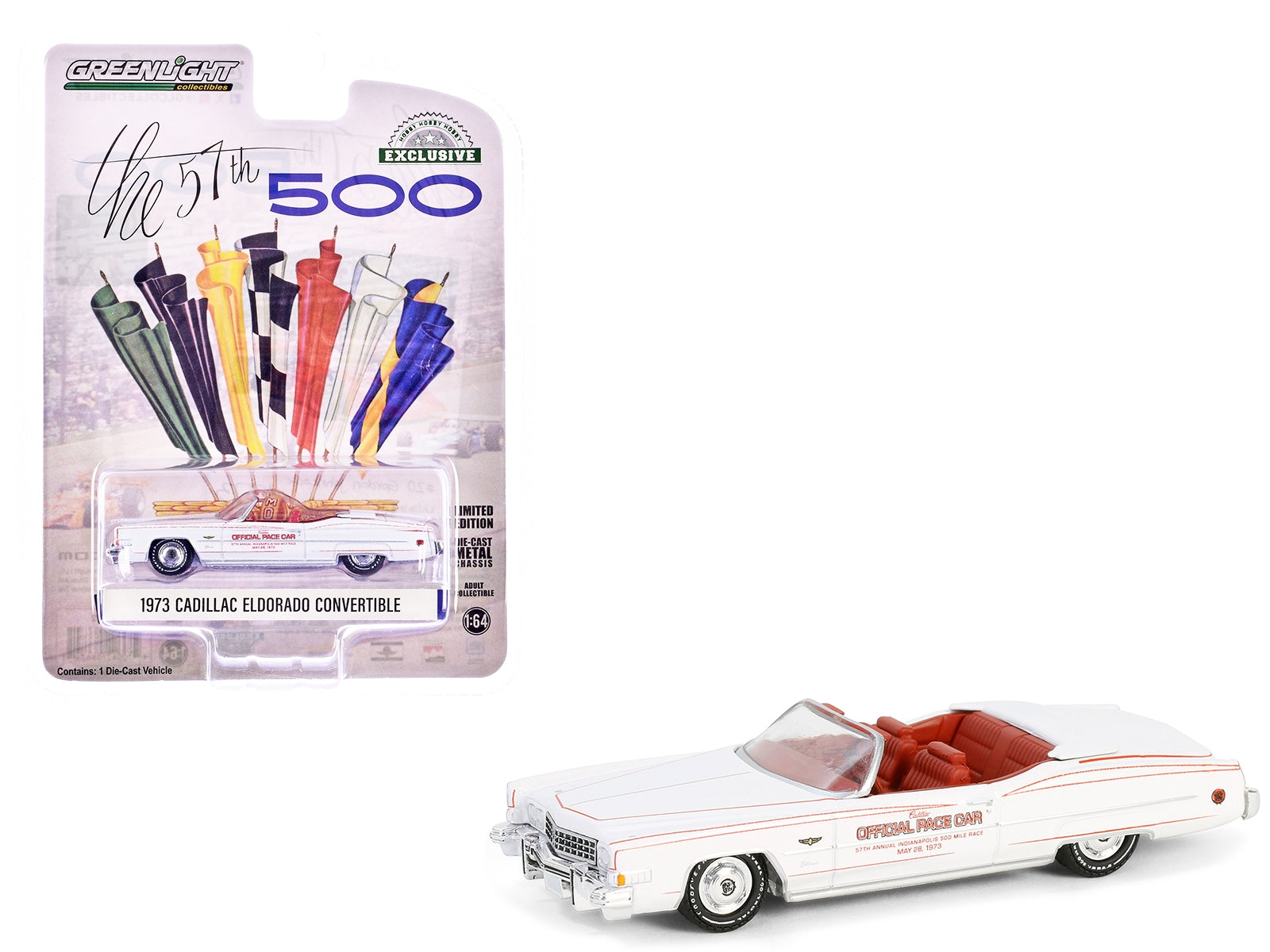 1973 Cadillac Eldorado Convertible "57th Annual Indianapolis 500 Mile Race Official Pace Car" White with Red Interior "Hobby Exclusive" Series 1/64 Diecast Model Car by Greenlight Greenlight