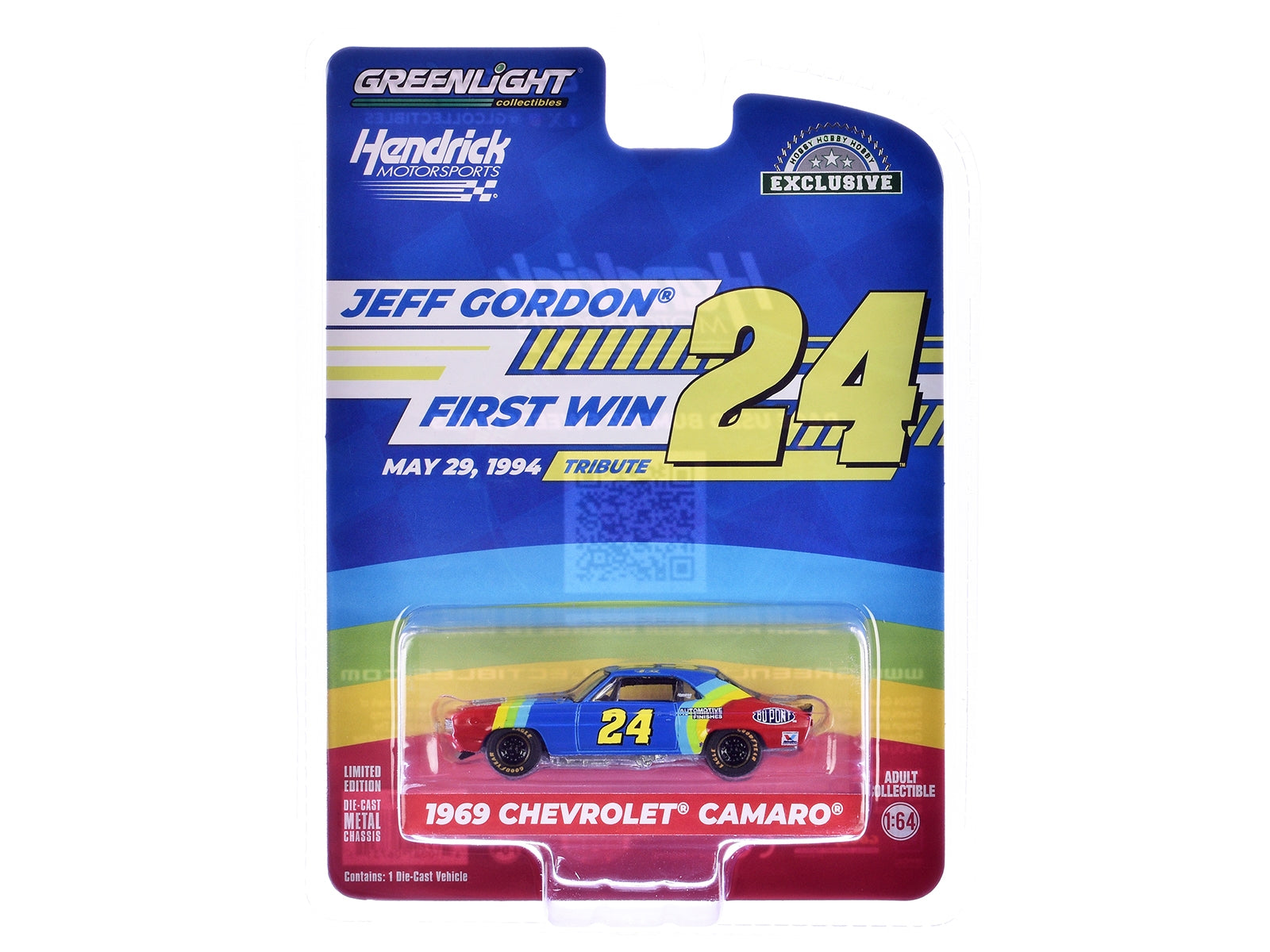 1969 Chevrolet Camaro #24 "Jeff Gordon - Hendrick Motorsports First Win Tribute" Blue and Red with Stripes "Hobby Exclusive" Series 1/64 Diecast Model Car by Greenlight Greenlight