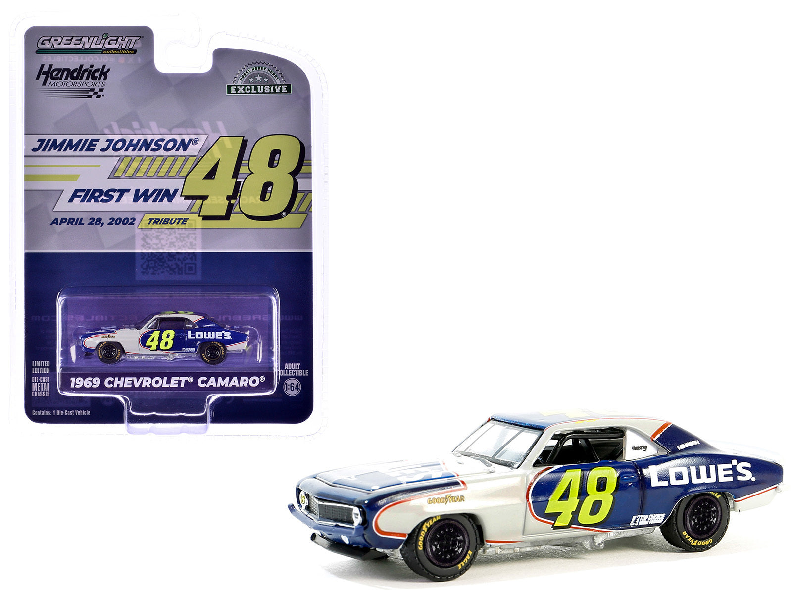 1969 Chevrolet Camaro #48 "Jimmie Johnson - Hendrick Motorsports First Win Tribute" Dark Blue and White with Graphics "Hobby Exclusive" Series 1/64 Diecast Model Car by Greenlight Greenlight