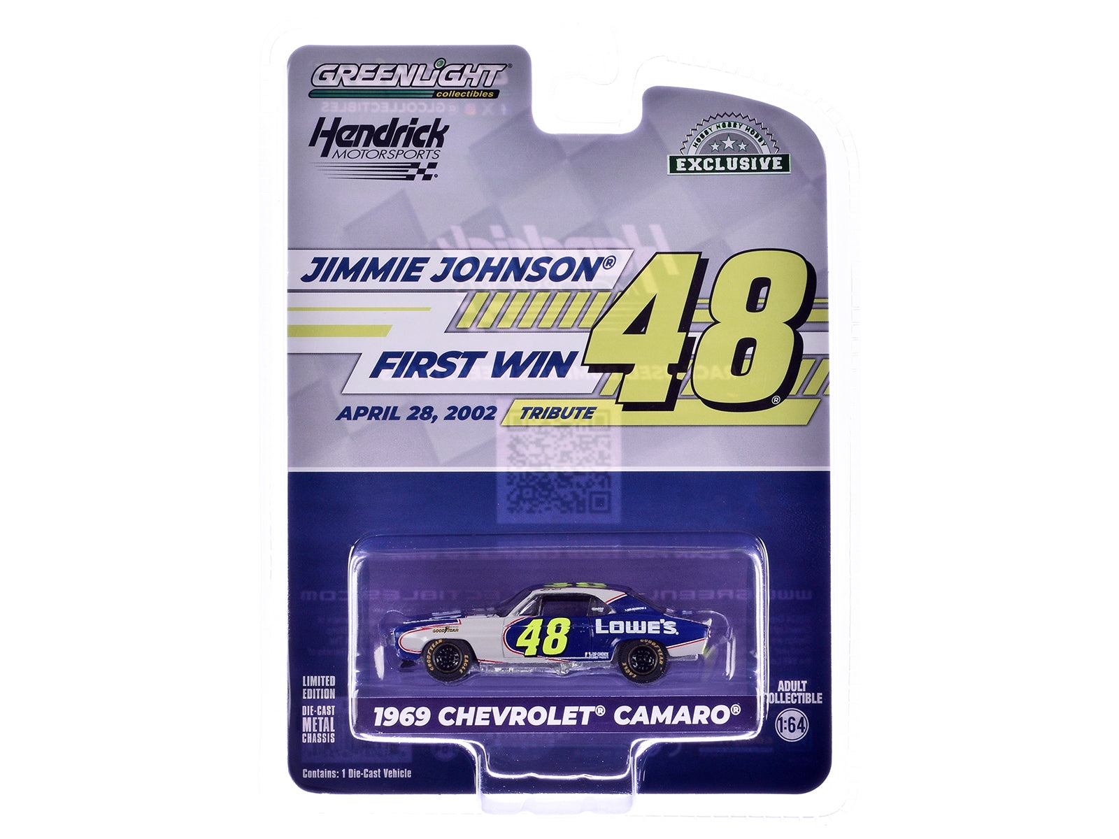 1969 Chevrolet Camaro #48 "Jimmie Johnson - Hendrick Motorsports First Win Tribute" Dark Blue and White with Graphics "Hobby Exclusive" Series 1/64 Diecast Model Car by Greenlight Greenlight