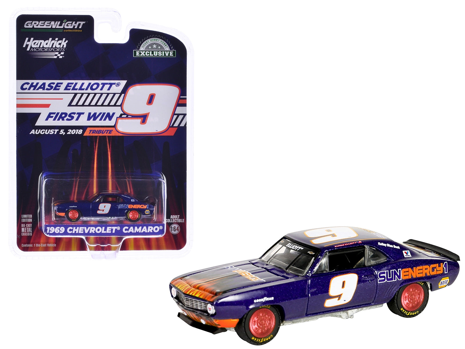 1969 Chevrolet Camaro #9 "Chase Elliott - Hendrick Motorsports First Win Tribute" Purple Metallic with Flames "Hobby Exclusive" Series 1/64 Diecast Model Car by Greenlight Greenlight