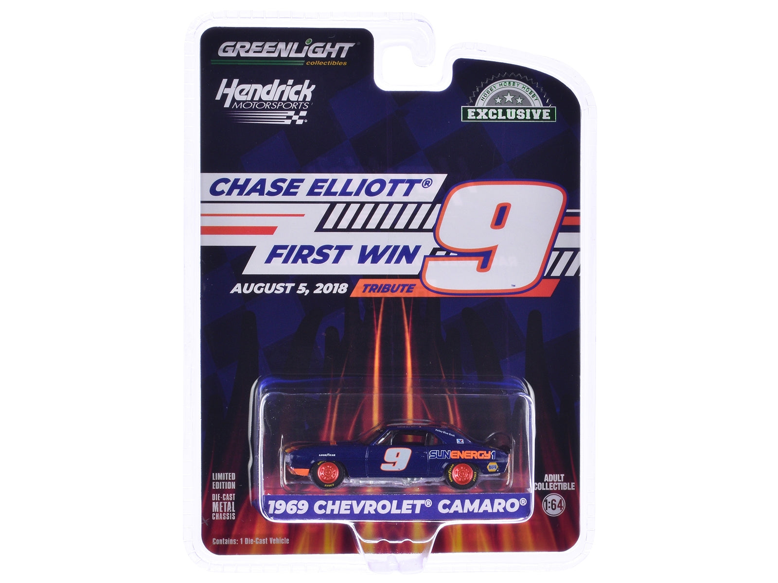 1969 Chevrolet Camaro #9 "Chase Elliott - Hendrick Motorsports First Win Tribute" Purple Metallic with Flames "Hobby Exclusive" Series 1/64 Diecast Model Car by Greenlight Greenlight