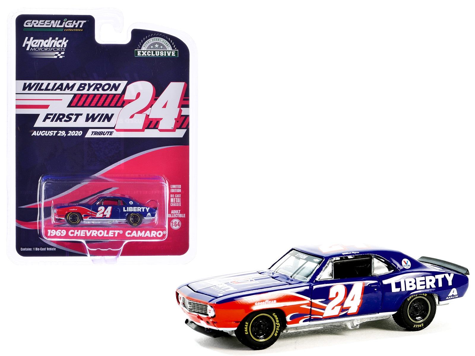 1969 Chevrolet Camaro #24 "William Byron - Hendrick Motorsports First Win Tribute" Blue with Flame Graphics "Hobby Exclusive" Series 1/64 Diecast Model Car by Greenlight Greenlight