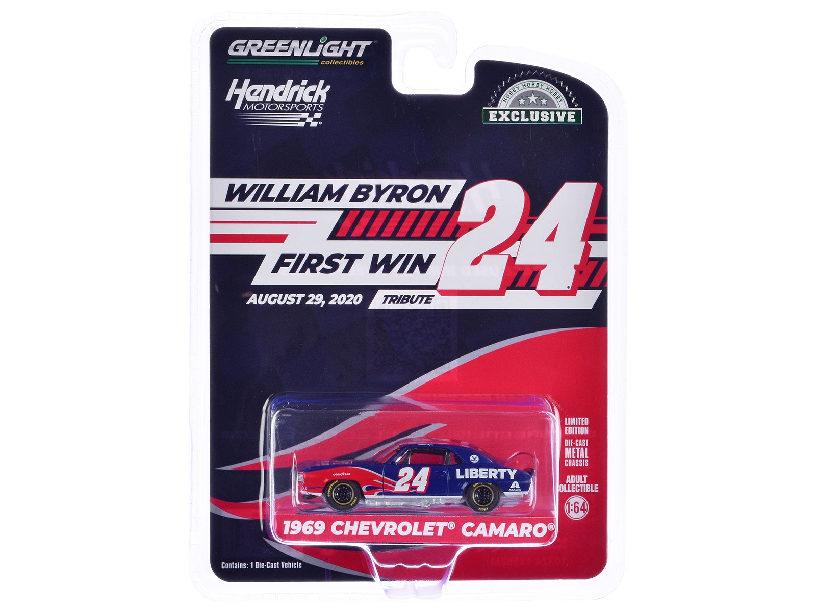 1969 Chevrolet Camaro #24 "William Byron - Hendrick Motorsports First Win Tribute" Blue with Flame Graphics "Hobby Exclusive" Series 1/64 Diecast Model Car by Greenlight Greenlight