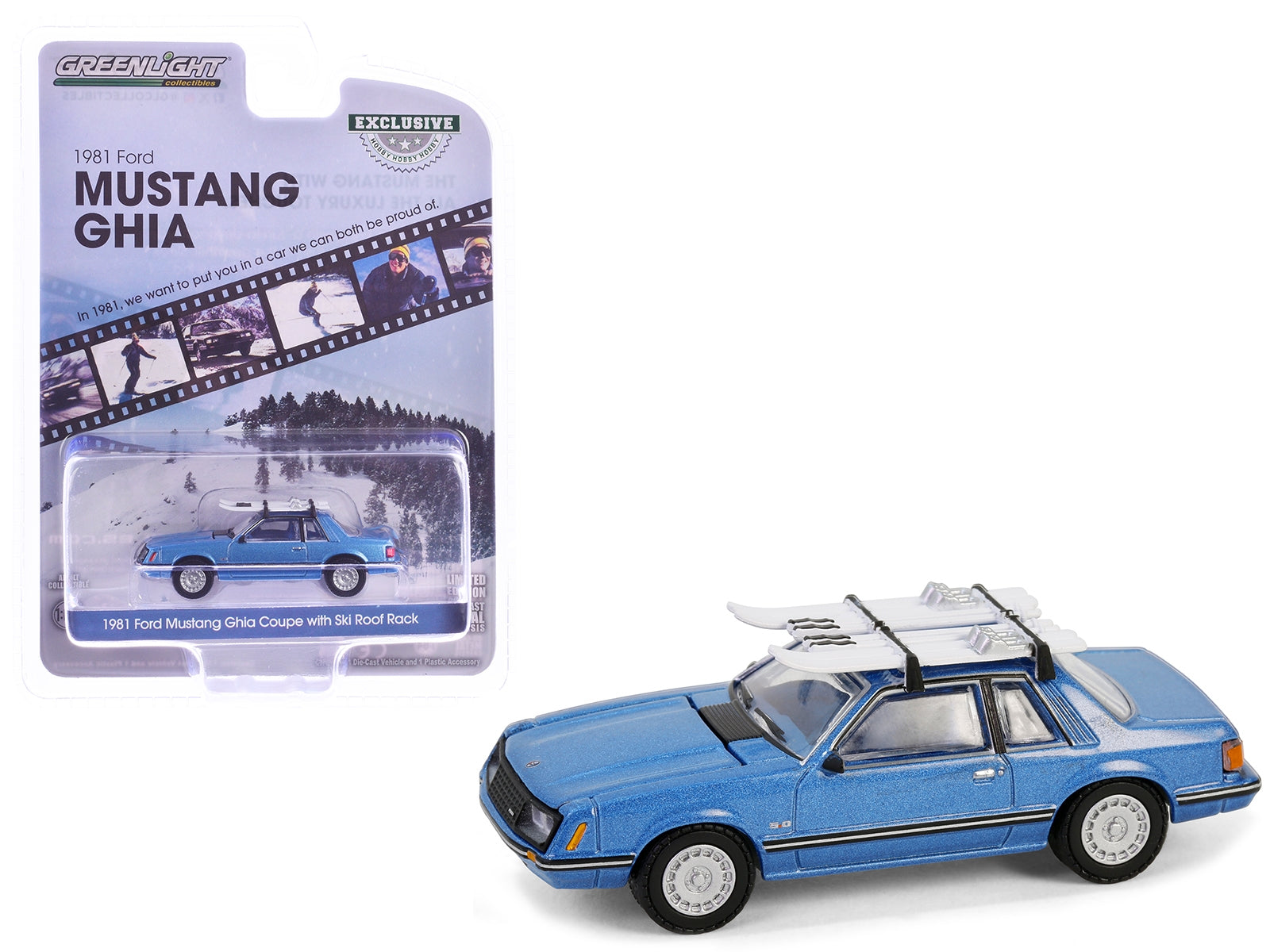 1981 Ford Mustang Ghia Coupe Blue Glow Metallic with Ski Roof Rack "Hobby Exclusive" Series 1/64 Diecast Model Car by Greenlight Greenlight