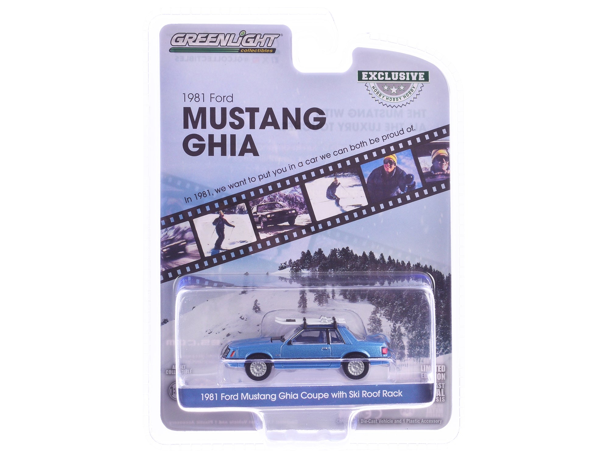 1981 Ford Mustang Ghia Coupe Blue Glow Metallic with Ski Roof Rack "Hobby Exclusive" Series 1/64 Diecast Model Car by Greenlight Greenlight