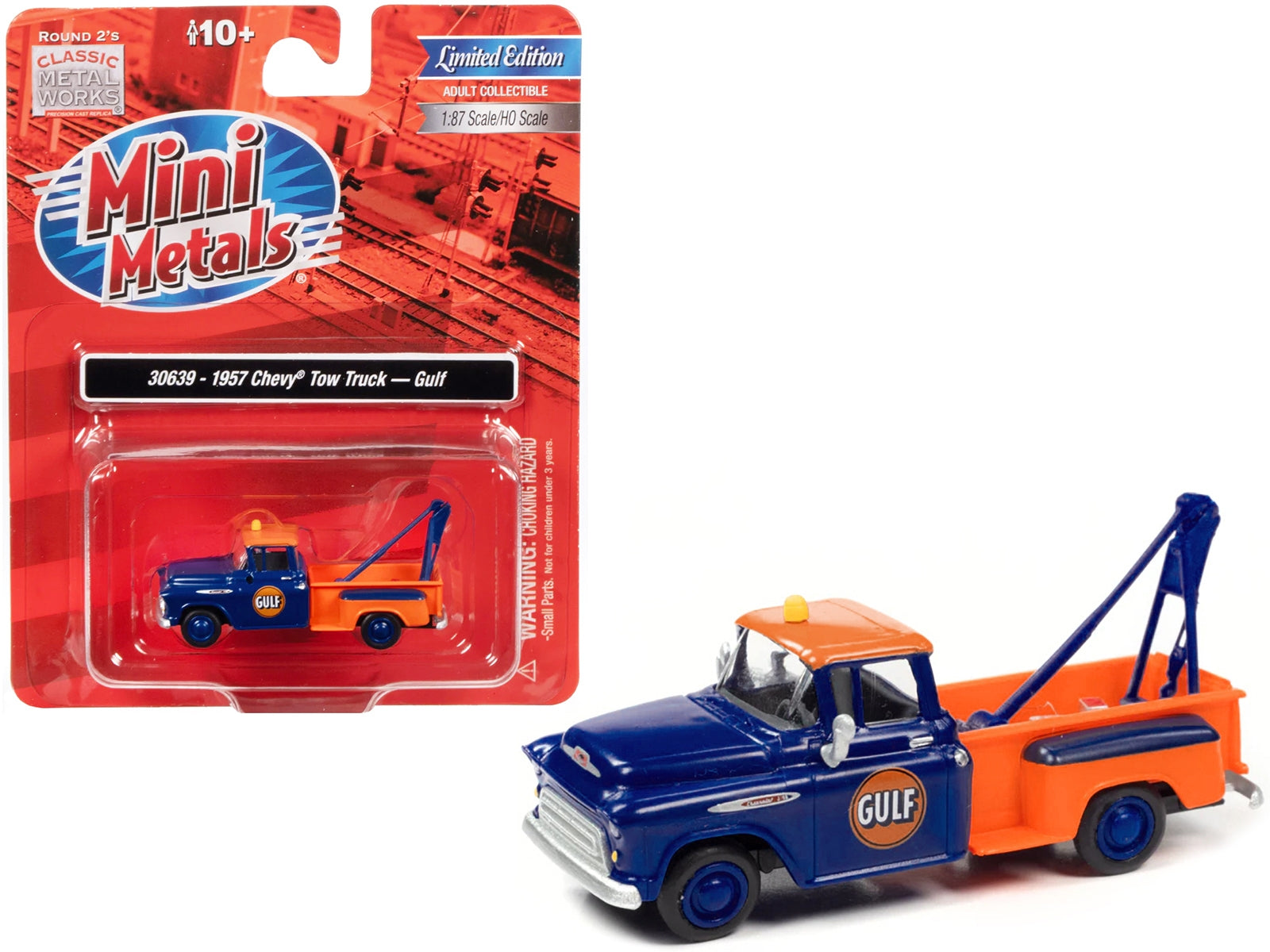 1957 Chevrolet Stepside Tow Truck "Gulf" Blue and Orange 1/87 (HO) Scale Model Car by Classic Metal Works Classic Metal Works