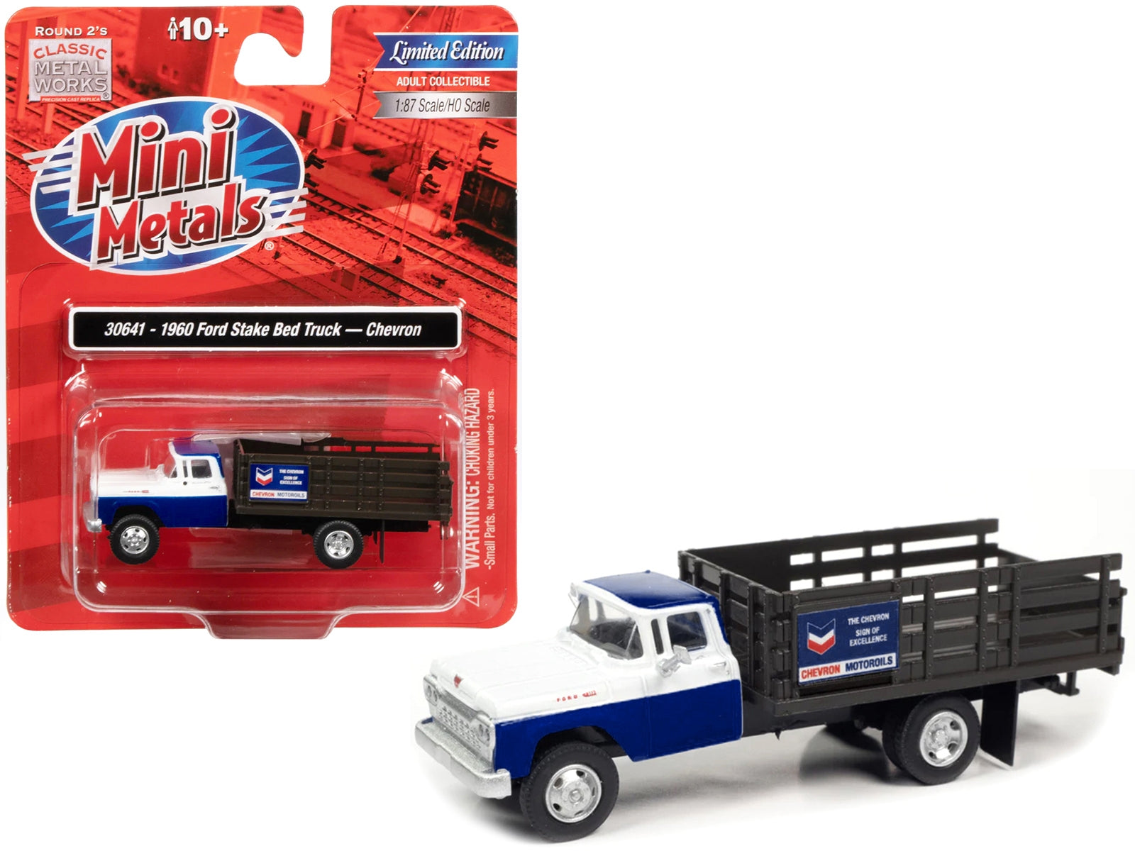 1960 Ford Stake Bed Truck "Chevron" Blue and White 1/87 (HO) Scale Model Car by Classic Metal Works Classic Metal Works