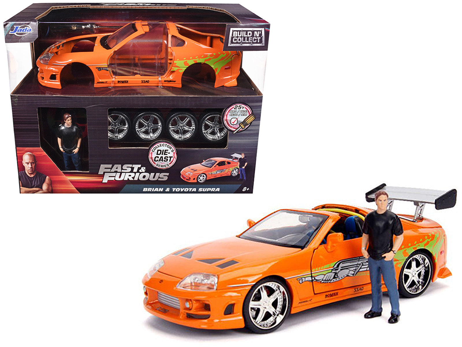 Model Kit Toyota Supra Metallic Orange with Brian Diecast Figure "Fast & Furious" Movie "Build N' Collect" 1/24 Diecast Model Car by Jada Jada