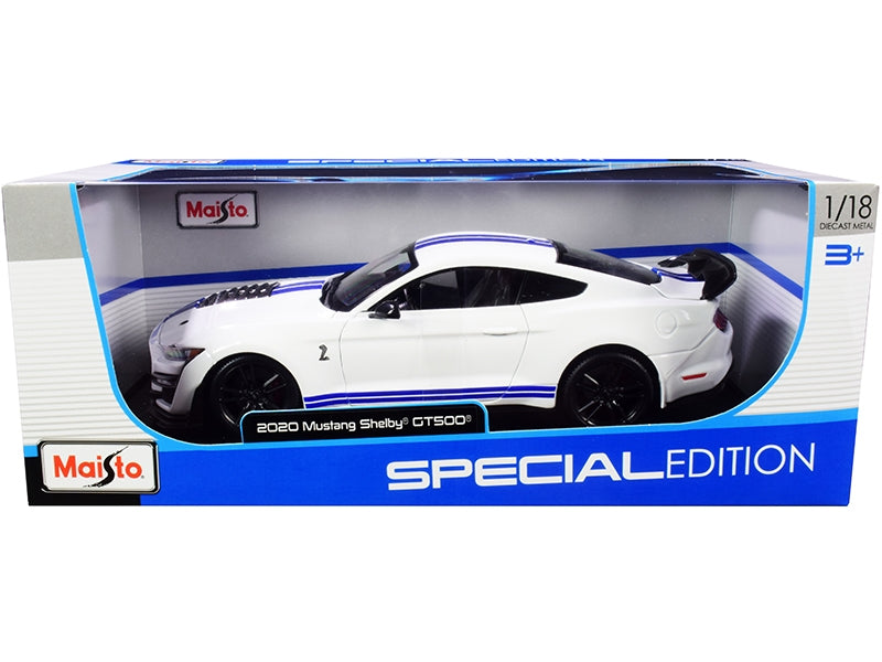 2020 Ford Mustang Shelby GT500 White with Blue Stripes "Special Edition" 1/18 Diecast Model Car by Maisto Maisto