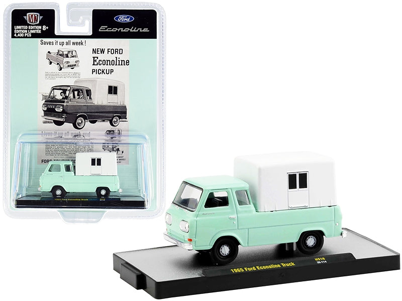 1965 Ford Econoline Pickup Truck with Camper Shell Mint Green and White Limited Edition to 4400 pieces Worldwide 1/64 Diecast Model Car by M2 Machines M2