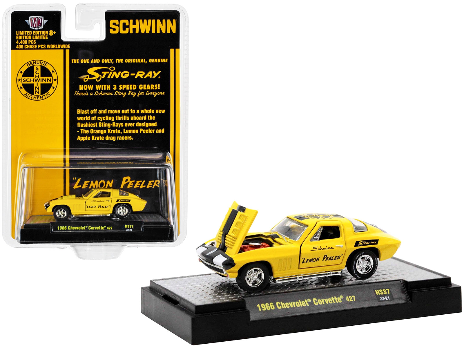 1966 Chevrolet Corvette 427 #68 Yellow with Black Stripes and Graphics "Schwinn Lemon Peeler" Limited Edition to 4400 pieces Worldwide 1/64 Diecast Model Car by M2 Machines M2