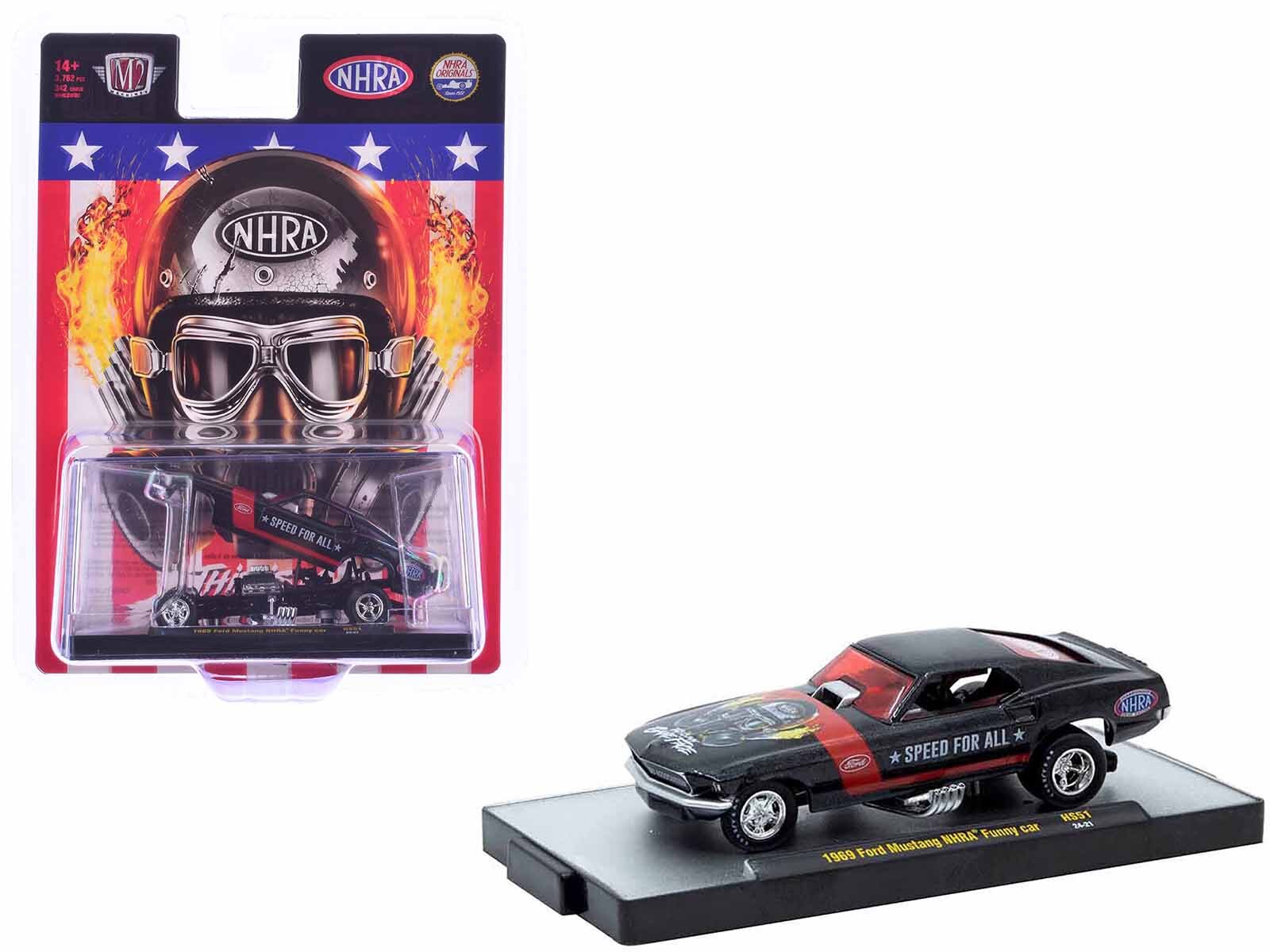 1969 Ford Mustang NHRA Funny Car Black Metallic with Red Stripes and Graphics Limited Edition to 3762 pieces Worldwide 1/64 Diecast Model Car by M2 Machines M2