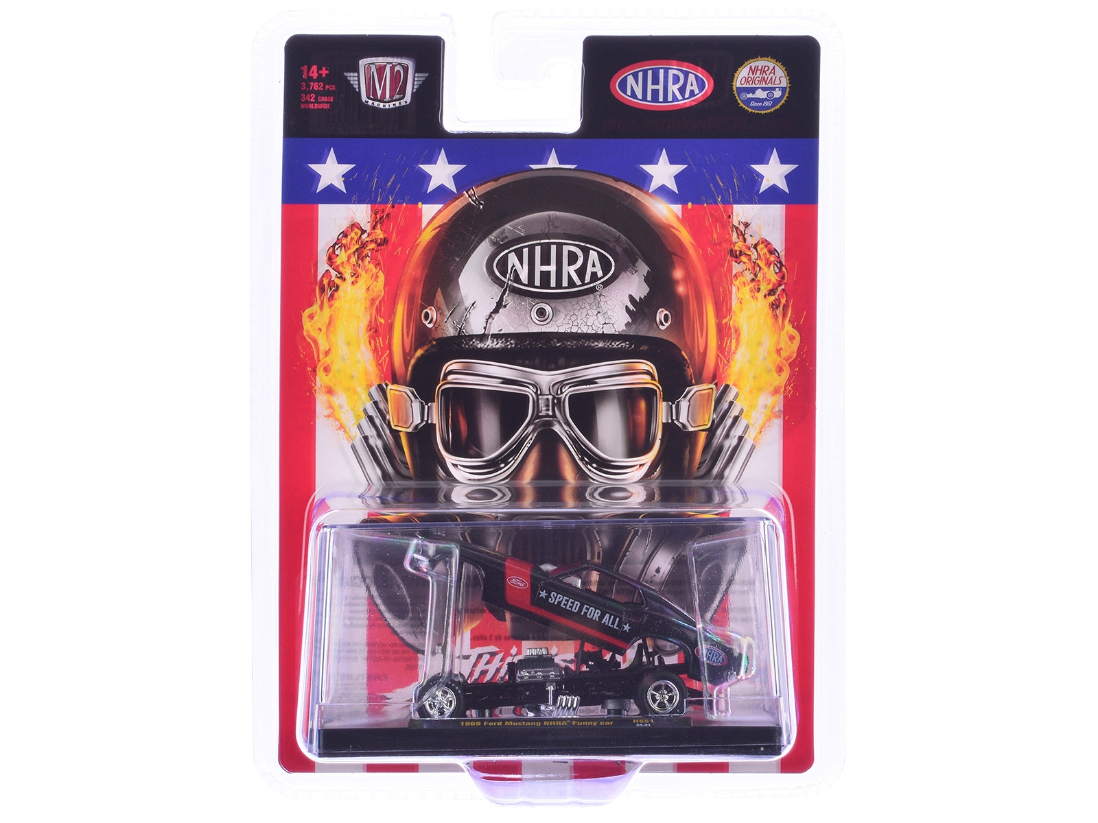 1969 Ford Mustang NHRA Funny Car Black Metallic with Red Stripes and Graphics Limited Edition to 3762 pieces Worldwide 1/64 Diecast Model Car by M2 Machines M2