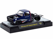 Load image into Gallery viewer, 1973 Chevrolet Cheyenne Super 10 Bedless Truck Blue with Shark Mouth Graphics &quot;20 Year Anniversary M2 Designer Sean Taylor&quot; Limited Edition to 11726 pieces Worldwide 1/64 Diecast Model Car by M2 Machines M2
