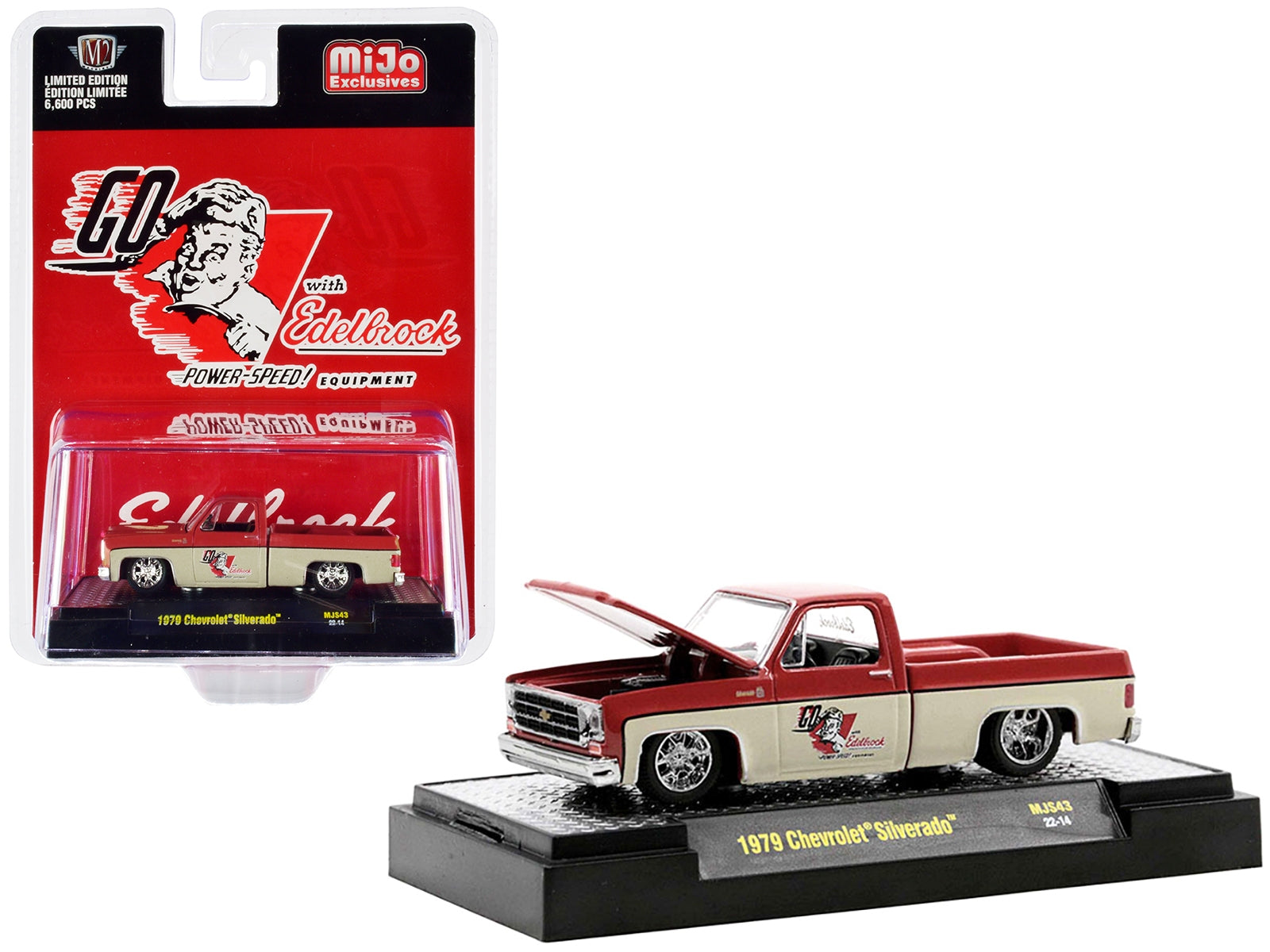 1979 Chevrolet Silverado Pickup Truck Red and Tan "Go with Edelbrock" Limited Edition to 6600 pieces Worldwide 1/64 Diecast Model Car by M2 Machines M2