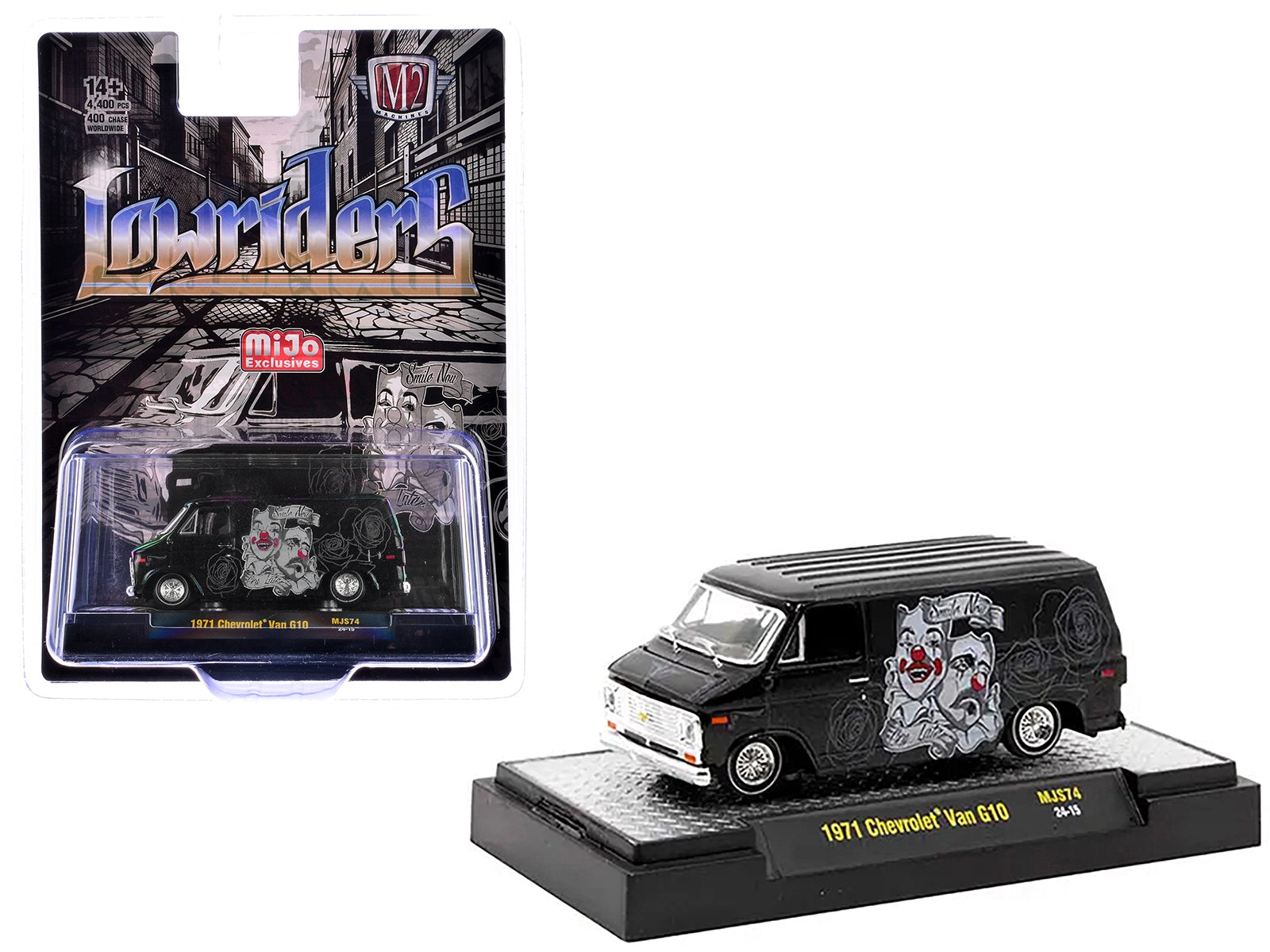 1971 Chevrolet G10 Van Black Metallic with Graphics "Lowriders" Limited Edition to 4400 pieces Worldwide 1/64 Diecast Model Car by M2 Machines M2