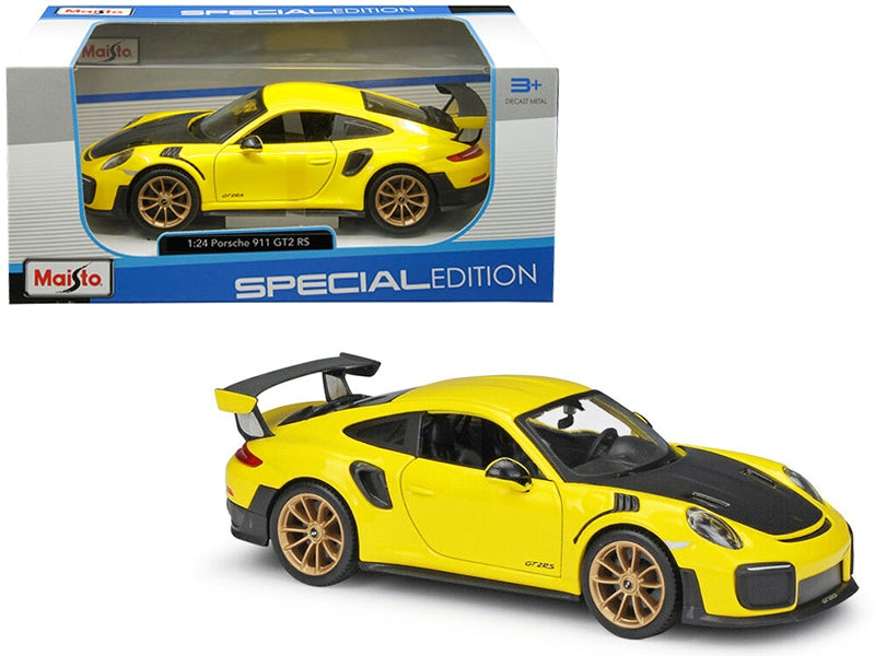 Porsche 911 GT2 RS Yellow with Carbon Hood and Gold Wheels "Special Edition" 1/24 Diecast Model Car by Maisto Maisto