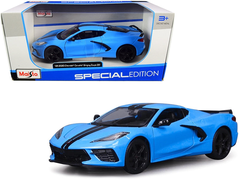 2020 Chevrolet Corvette Stingray Z51 Coupe Blue with Black Stripes 1/24 Diecast Model Car by Maisto Maisto