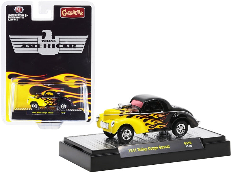 1941 Willys Coupe Gasser Black with Yellow Flames Limited Edition to 6050 pieces Worldwide 1/64 Diecast Model Car by M2 Machines M2