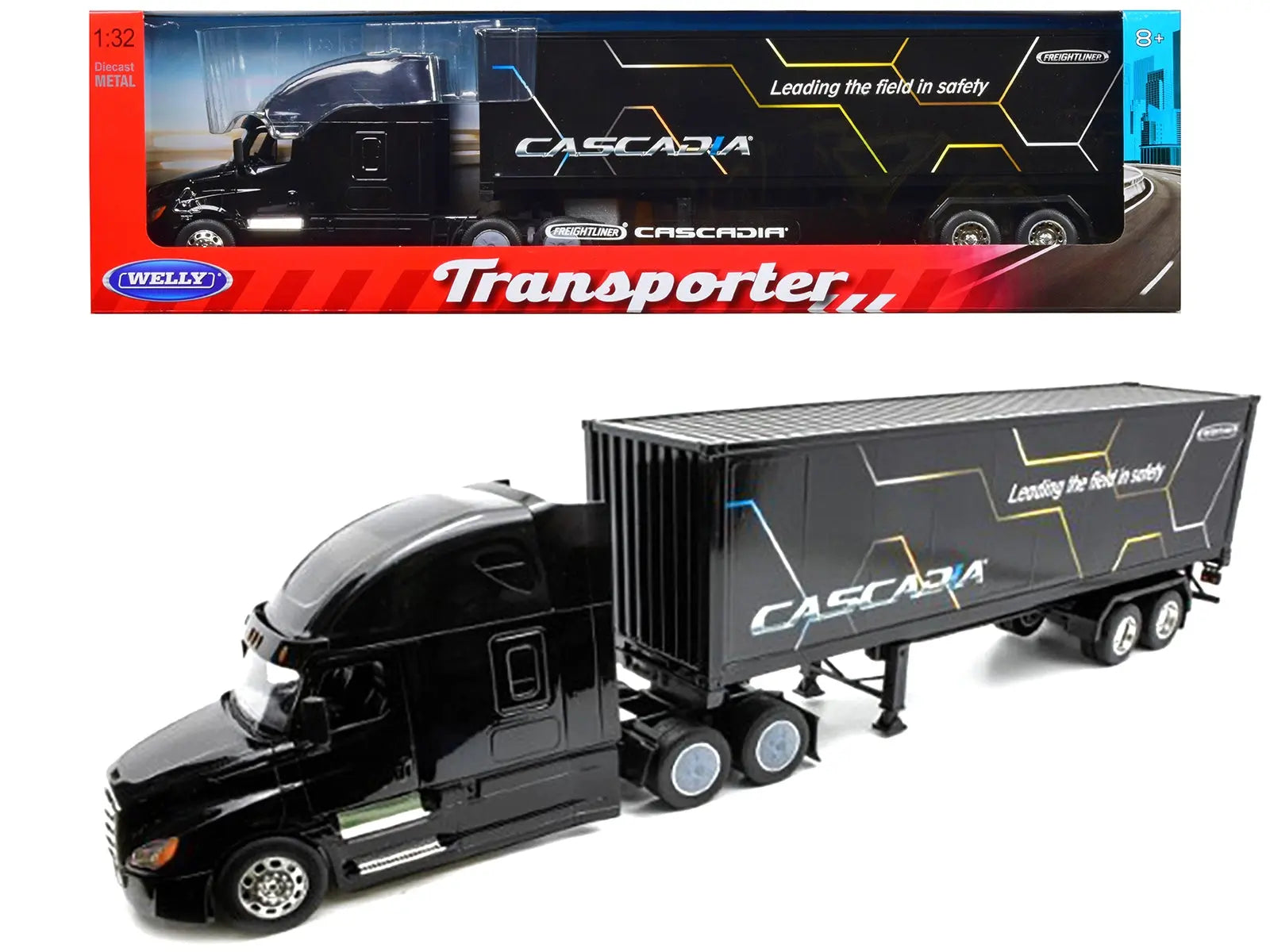 Freightliner Cascadia Truck Black with "Cascadia" Container 1/32 Diecast Model by Welly Welly