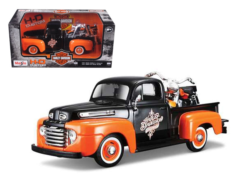 1948 Ford F-1 Pickup Truck with 1958 Harley Davidson FLH Duo Glide Motorcycle Orange and Black 1/24 Diecast Models by Maisto Maisto