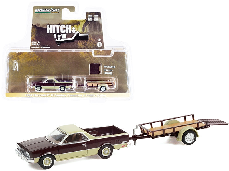 1984 Chevrolet El Camino Conquista Maroon Metallic and Beige with Utility Trailer "Hitch & Tow" Series 24 1/64 Diecast Model Car by Greenlight Greenlight