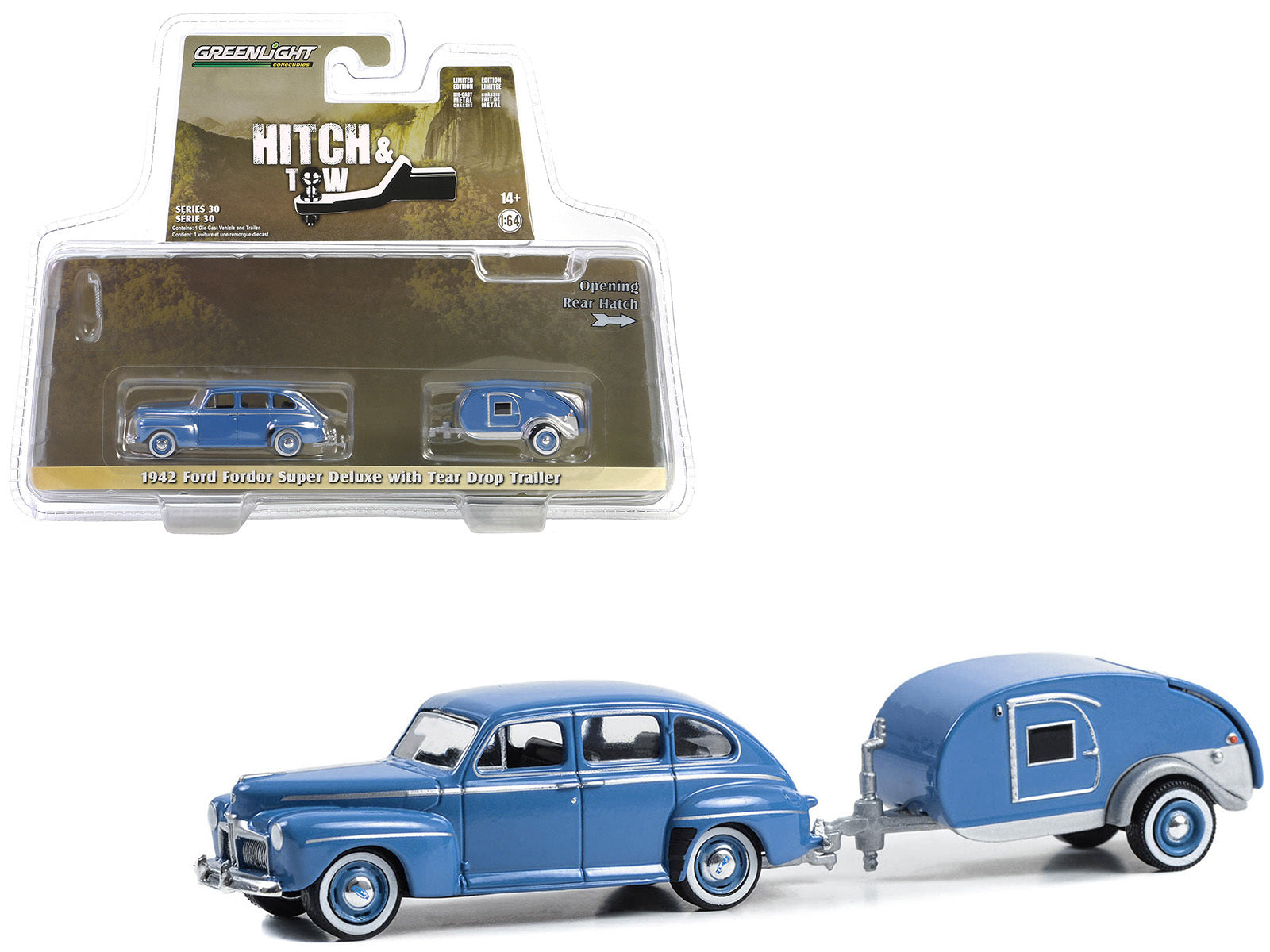 1942 Ford Fordor Super Deluxe Florentine Blue with Tear Drop Trailer "Hitch & Tow" Series 30 1/64 Diecast Model Car by Greenlight Greenlight