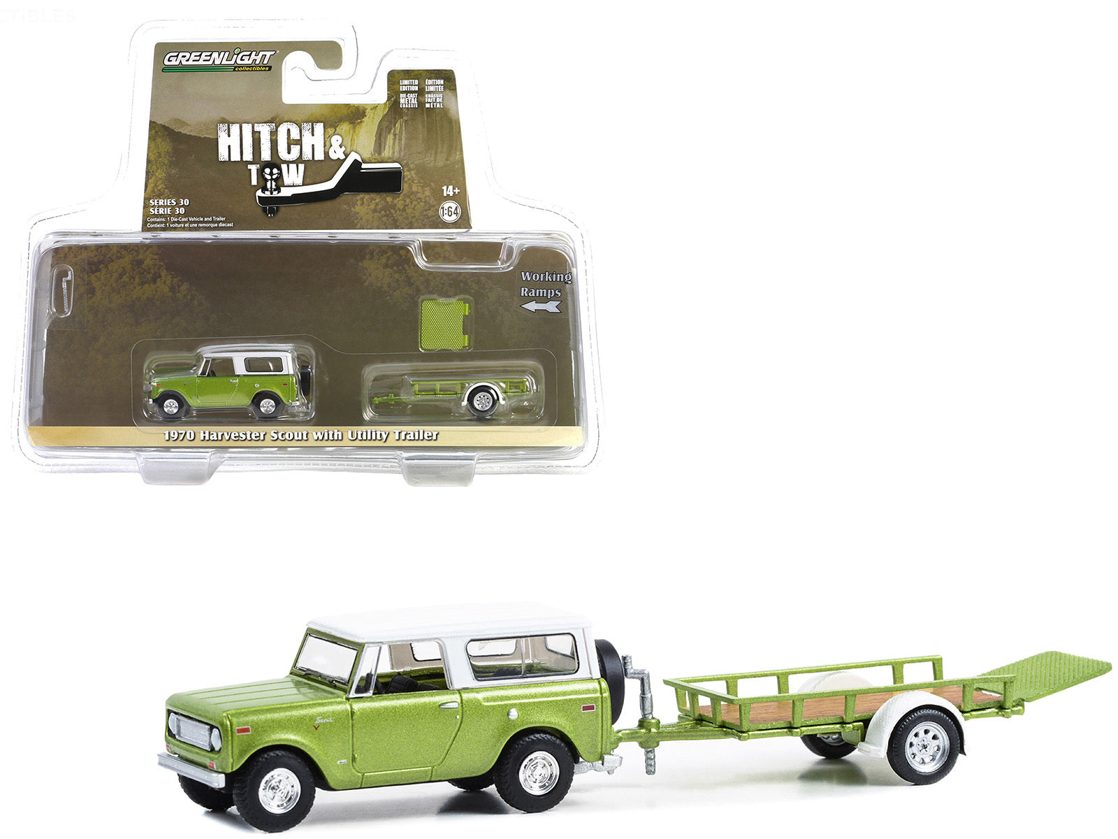 1970 Harvester Scout Lime Green Metallic with Alpine White Top and Utility Trailer "Hitch & Tow" Series 30 1/64 Diecast Model Car by Greenlight Greenlight